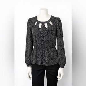 Women’s Small Black Blouse | White Print Cutout Work Top